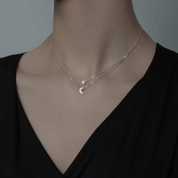 *925 Sterling Silver Diamond Moon Star Necklace - Picture 6 of 12